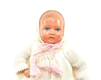 Vintage Infant Baby 3in Doll Handmade Christening Dress Slip Diaper Pin USA