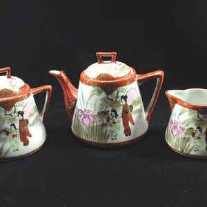 The Yamato Nippon 3 Piece Tea Set Hand Painted Teapot Sugar Creamer Signed
