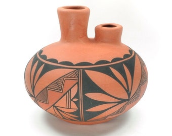 Navajo Wedding Vase Pottery Black on Natural Red Clay Signed Y. LAMONE Vintage