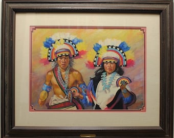 Zuni Rainbow Dancers Carol Theroux Peinture pastel originale 27x33 Cadre Mat COA