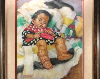 Little Cheyenne Original Pastel Painting by Carol Theroux 28 x 24 Frame Mat COA 1990