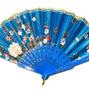 Floral Folding Hand Fan - Wedding Favor, Summer Accessory Blue