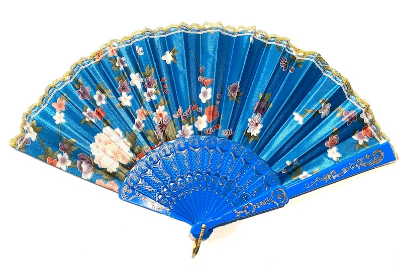 Floral Folding Hand Fan - Wedding Favor, Summer Accessory Blue