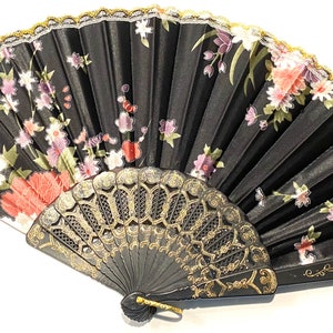 Floral Folding Hand Fan - Wedding Favor, Summer Accessory Black