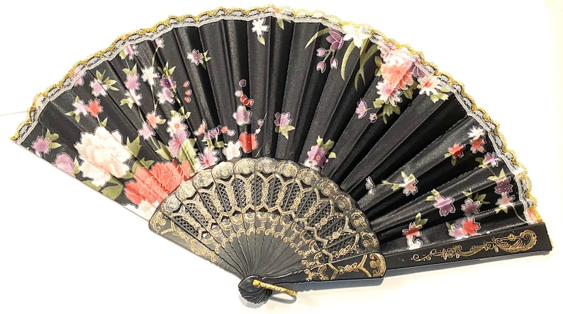 Floral Folding Hand Fan - Wedding Favor, Summer Accessory Black