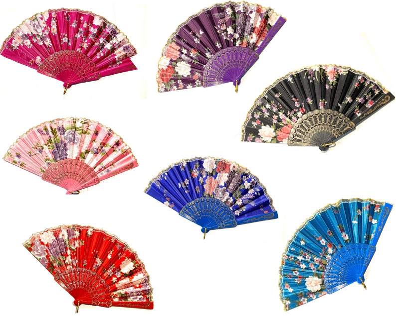 Floral Folding Hand Fan - Wedding Favor, Summer Accessory Pack of 7 Mixed