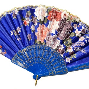 Floral Folding Hand Fan - Wedding Favor, Summer Accessory Dark Blue