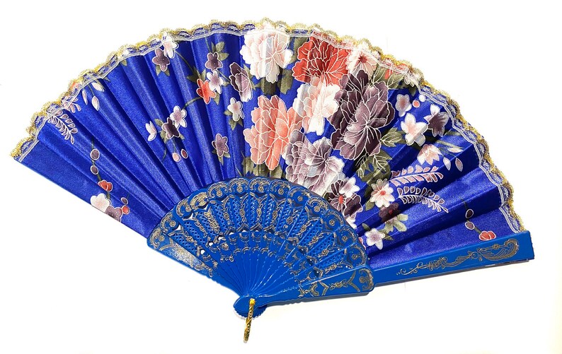 Floral Folding Hand Fan - Wedding Favor, Summer Accessory Dark Blue