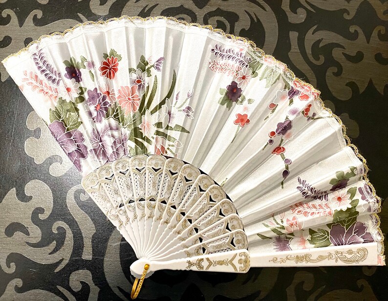 Floral Folding Hand Fan - Wedding Favor, Summer Accessory White