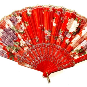 Floral Folding Hand Fan - Wedding Favor, Summer Accessory Red
