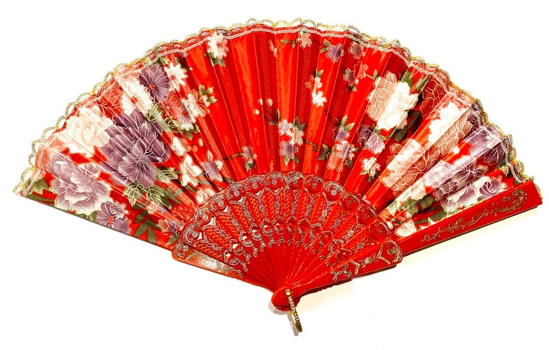 Floral Folding Hand Fan - Wedding Favor, Summer Accessory Red