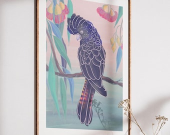Black Cockatoo Watercolor Art Print – Australian Bird Decor