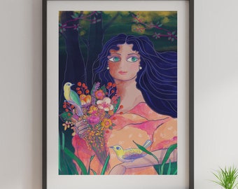 Botanical Art Print – Woman with Birds and Flowers Illustration