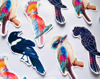 May include: A set of colorful bird stickers featuring a kookaburra, a cockatoo, a magpie, and a black cockatoo. The stickers are all hand-painted and have a vibrant, watercolor style.