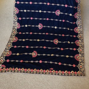 Velvet shawl, Velvet dupatta, Embroidered dupatta, Dark blue dupatta, Indian dupatta, Blue dupatta, Pakistani dupatta, Gift for her