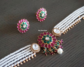 Kundan Bandhai Choker With Gold Plating, Kundan choker, Kundan necklace, Pearl necklace, Ruby necklace, Ruby green choker, Pearl choker