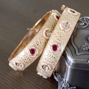 Kundan Meenakari Bangles With Rose Gold Plating, Kundan kada, Meenakari kada, Ruby kada, Openable kada, Openable bangles, Rose gold bangles