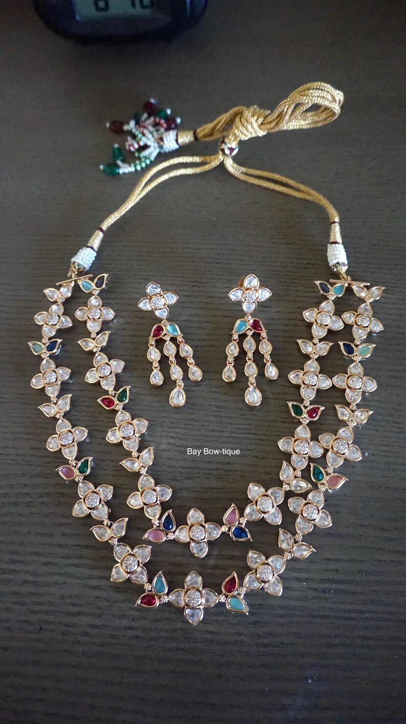 Kundan Necklace With Rose Gold Plating, Multicolor Necklace, Fine