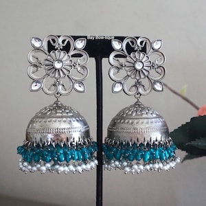 Jhumka with oxidized plating, Oversized jhumka, Ramagreen jhumka, Blue jhumki, Indian jewelry, Matte finish jhumka, Jhumkas