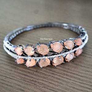 Cubic Zirconia kada, Classic kada, CZ bracelet, Openable kada, Openable bracelet, Peach kada, Peach bracelet, Carved stone kada