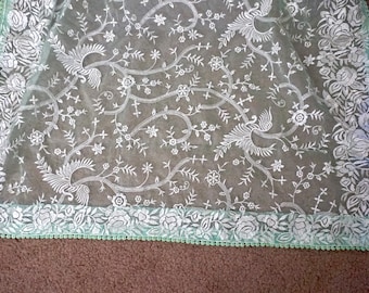 Embroidered dupatta, Parsi Gara dupatta, Thread Work dupatta, Organza Dupatta, Light green dupatta, Lehenga dupatta, Indian dupatta