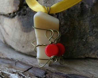 Cultured Sea Glass Pendant, Bright Yellow Triangle Pendant, Brass Wire Wrapping