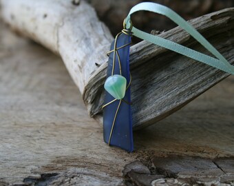 Wire Wrapped Stained Glass Necklace for Women with Blue Glass Bead