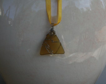 Silver Wrapped Stained Glass Pendant, Yellow Tumbled Glass Jewelry, Necklace for Women