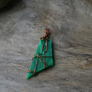 Long Green Glass Pendant, Wire Wrapped Jewelry, Best Friend Gift, Green Tumbled Glass