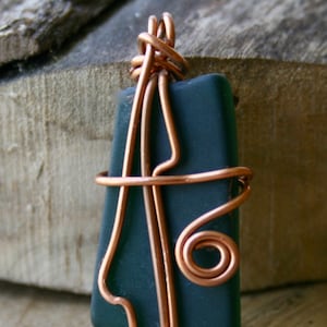 Dark green tumbled glass jewelry, Copper wire wrapped pendant, Stained glass necklace
