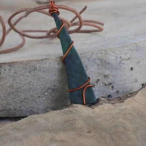 Long Emerald Green Necklace, Copper Wire Wrapped Pendant, Cultured Sea Glass,
