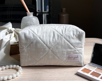 Cotton Makeup Bag: Quilted Cosmetic Organizer, Travel Toiletry Pouch