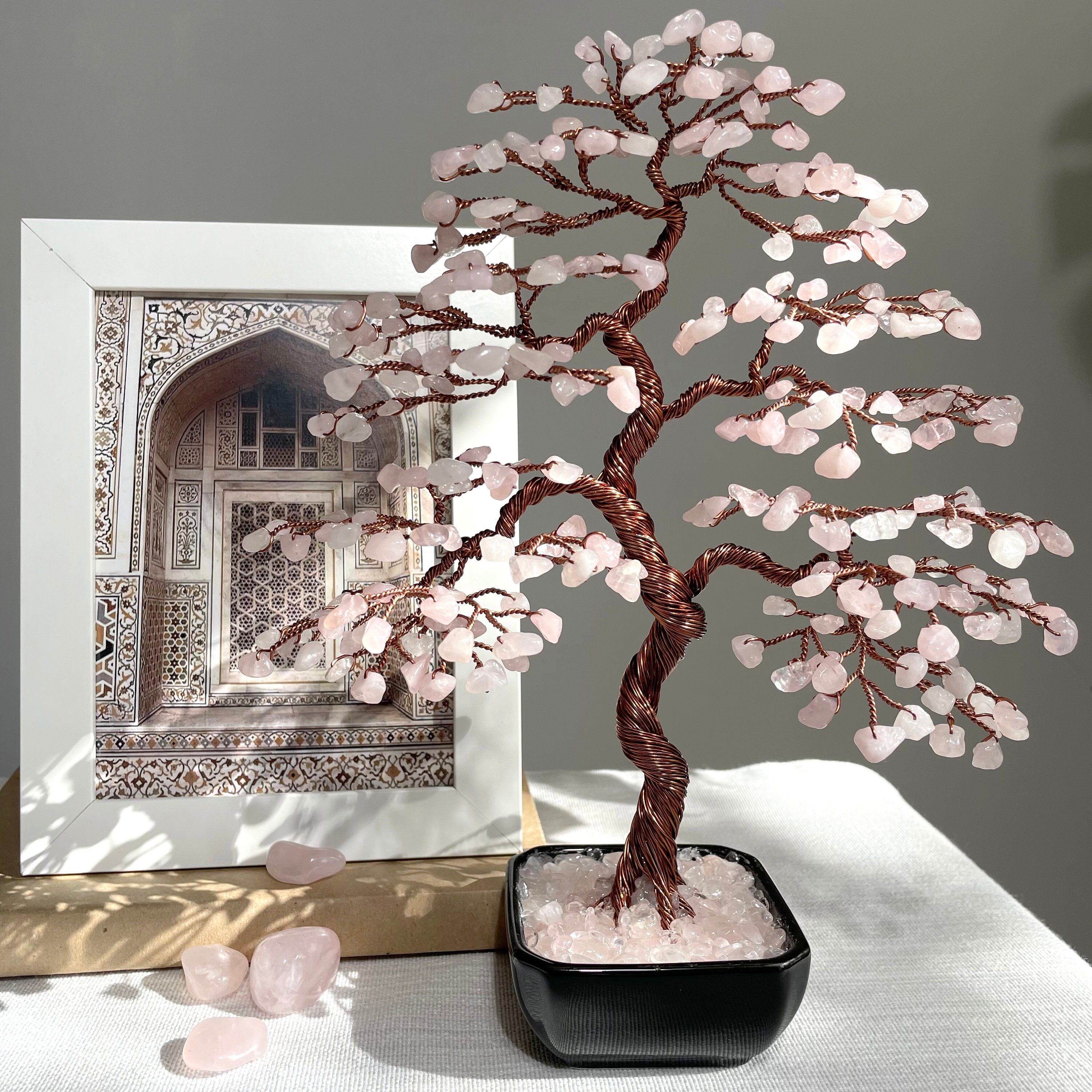Rose Quartz Gemstone Tree Feng Shui Bonsai for Reiki Healing Stone Home Decor 