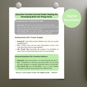 May include: A white paper titled "Executive Function Survival Guide" with text on a fridge. The guide offers tips for task initiation, working memory, and emotional regulation. A green circle with "Digital Download" is in the image.