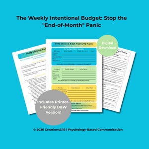 Könnte beinhalten: Drei druckbare Budgetplanungsbögen auf türkisfarbenem Hintergrund. Die Bögen haben Abschnitte für wöchentliche Ausgaben, Ziele und Notizen. Der Text enthält "The Weekly Intentional Budget" und "Digital Download."