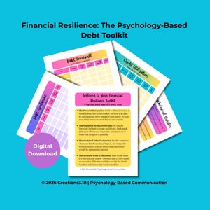 Può includere: Una raccolta di fogli di lavoro stampabili e colorati intitolati "Resilienza finanziaria: il toolkit del debito basato sulla psicologia". I fogli di lavoro includono titoli come "Palla di neve del debito", "Valanga del debito" e "Utilizzo del credito".
