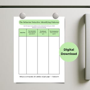 May include: A white printed sheet titled "The Behavior Detective: Identifying Patterns" is attached to a refrigerator. The sheet includes columns for tracking behavior patterns. A green circle with "Digital Download" is on the right.