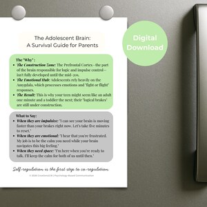 May include: A white printed paper titled "The Adolescent Brain: A Survival Guide for Parents" is attached to a refrigerator. The paper includes text about the adolescent brain and how to communicate with teens. A green circle with the words "Digital Download" is also visible.