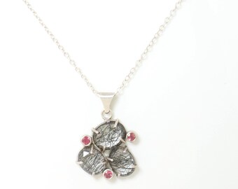 Tourmalinated Quartz & Pink Tourmalines Necklace Pendant on Silver Chain