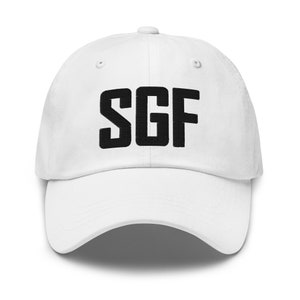 May include: White baseball cap with black embroidered text that reads "SGF".