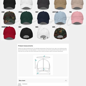 May include: A size chart for baseball caps with different colors and styles. The chart shows the measurements of the cap in inches and centimeters. The colors include black, white, dark grey, khaki, stone, camo, spruce, navy, light blue, pink, and cranberry.