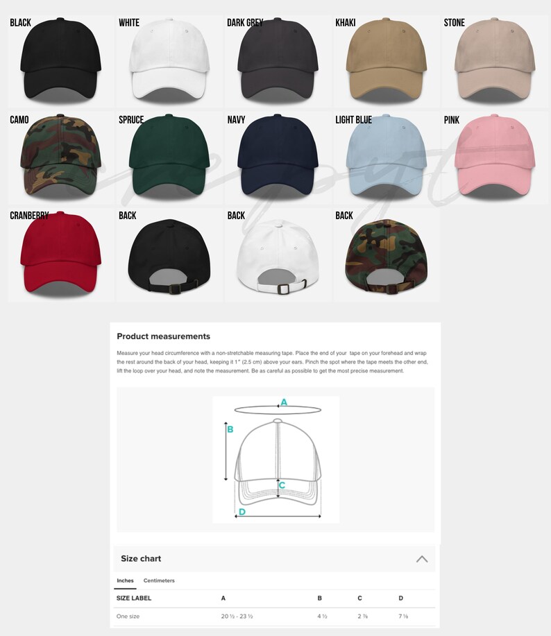 May include: A size chart for baseball caps with different colors and styles. The chart shows the measurements of the cap in inches and centimeters. The colors include black, white, dark grey, khaki, stone, camo, spruce, navy, light blue, pink, and cranberry.
