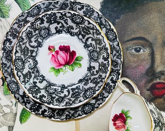 Royal Albert - Señorita - Set of Three Pieces - Vintage Teacup & Saucer - Vintage Decoration- Tea Party - Teacups with Roses - Black Tea Cup