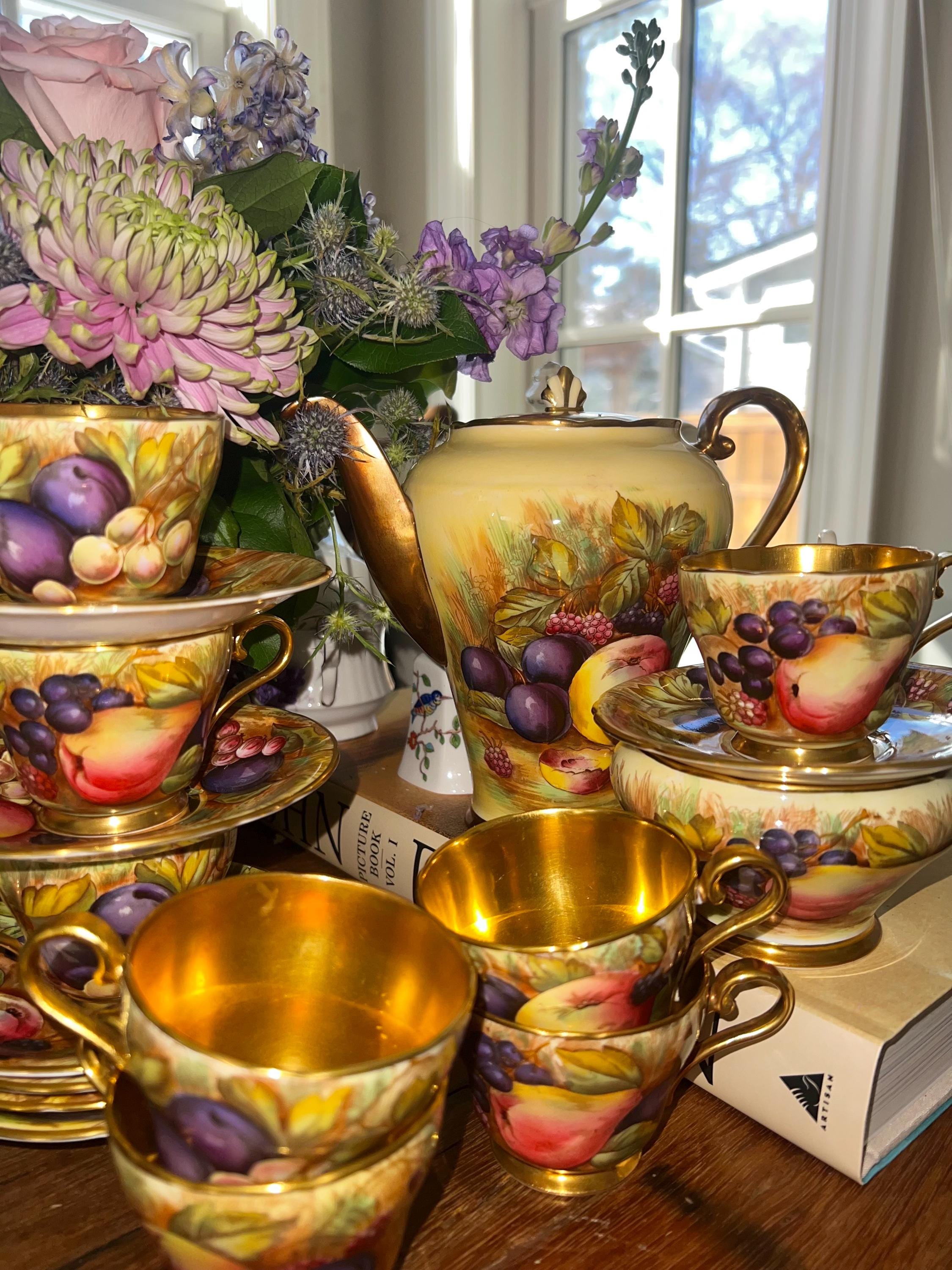 Sugar Bowl / Coffee Cup -Aynsley Fruit Orchards - Gold Fruit Orchards - England Fine China  - England