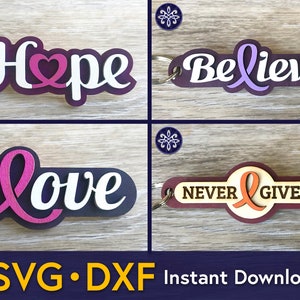 Cancer awareness keychain SVG DXF files bundle - pink ribbon breast cancer fighter survivor - chemo gift support love - Glowforge laser cut