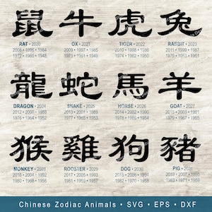 Zodíaco Chinês 12 Animais caracteres svg dxf arquivos eps - Palavras de símbolos de caligrafia Kanji japonesa - Silhueta Cricut Glowforge corte a laser
