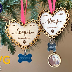 Huisdier memorial ornament SVG bestand - hond kat herinnering poot print hart met foto graveren frame - huisdier verlies sympathie liefde - Glowforge laser gesneden