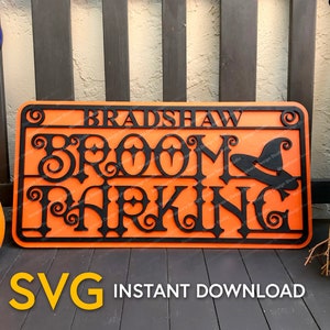 Gepersonaliseerde Halloween teken SVG bestanden sjabloon - Bezem Parkeren leuke heks thema decoratie - Glowforge Silhouet Cricut laser gesneden klaar
