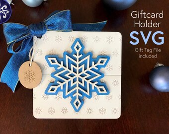 Christmas gift card holder SVG file - Xmas holiday snowflake ornament present with tag - recycle gift wrap template - Glowforge laser cut