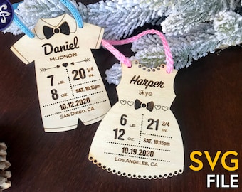 Baby Stats Christmas Ornament SVG file - first Christmas boy and girl onesie - infant newborn gift birth announcement - Glowforge laser cut